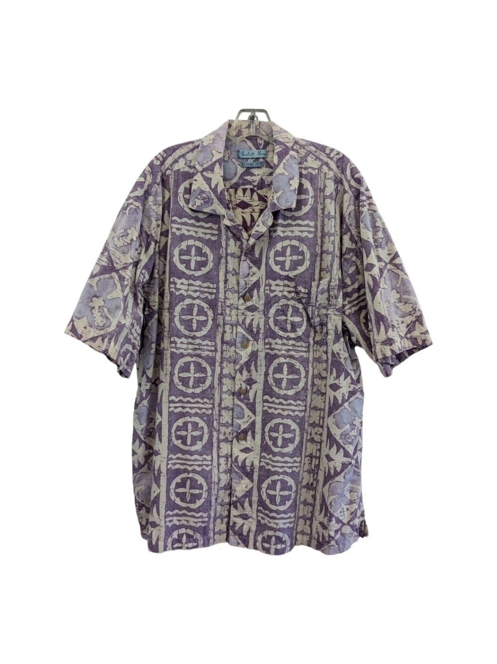Batik Bay Purple and Cream Cotton Reverse Print button up SS shirt,XXL,EUC
